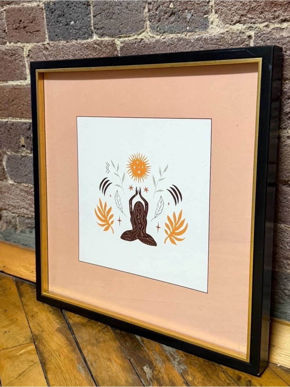 Vintage-Inspired Celestial Woman Art Print w/ Pink Mat & Black Gold Frame